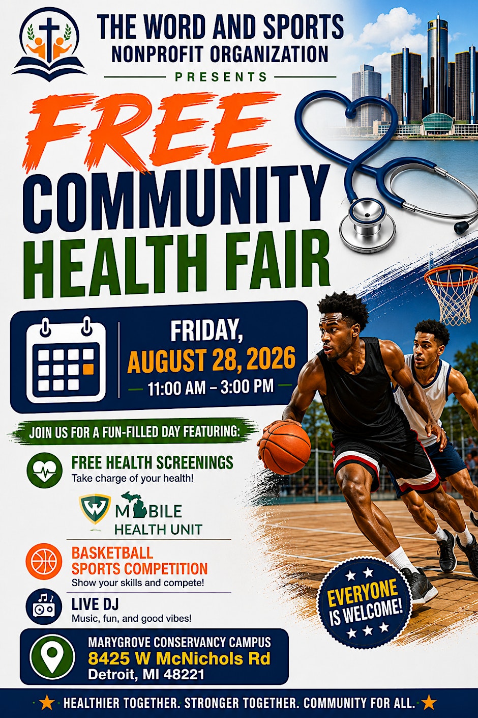 Free Health fair, Message of Hope for the Community, Basketball sports comp